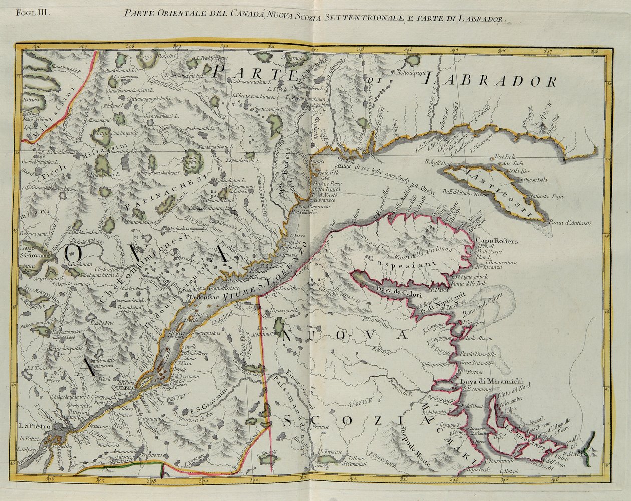 Den østlige del af Canada, det nordlige Nova Scotia og en del af Labrador, gravering af G. Zuliani hentet fra Tome I af "Newest Atlas" udgivet i Venedig i 1778 af Antonio Zatta, Privat Samling af G. Zuliani
