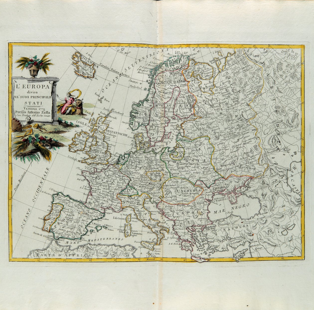 Europa opdelt i dets hovedstater, gravering af G. Zuliani taget fra Tome I af det nyeste atlas udgivet i Venedig i 1776 af Antonio Zatta, Privatsamling af G. Zuliani