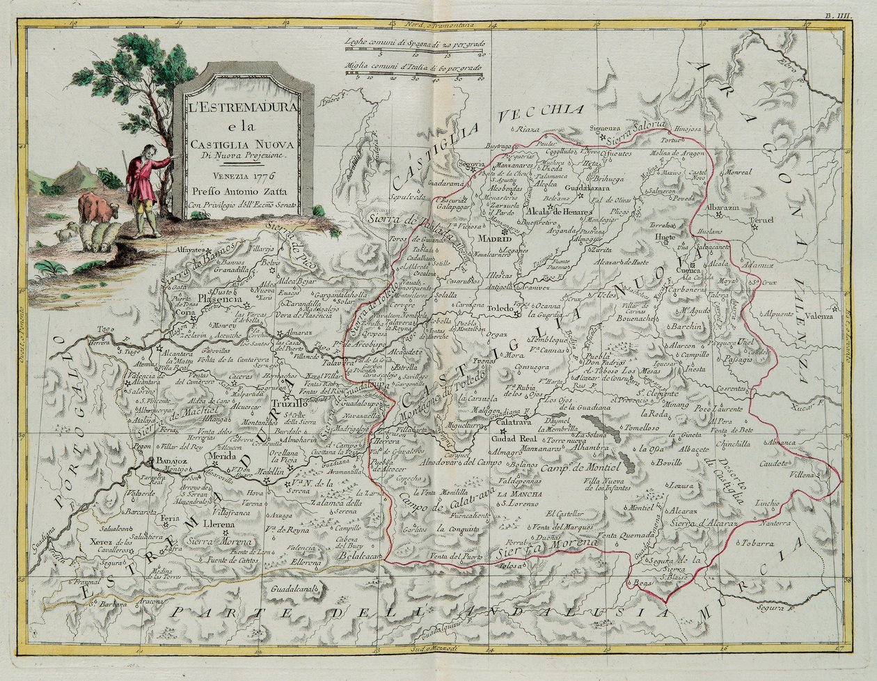 Extremadura og Castilla la Nueva, gravering af G. Zuliani hentet fra Tome I af det nyeste atlas udgivet i Venedig i 1776 af Antonio Zatta, privat samling af G. Zuliani