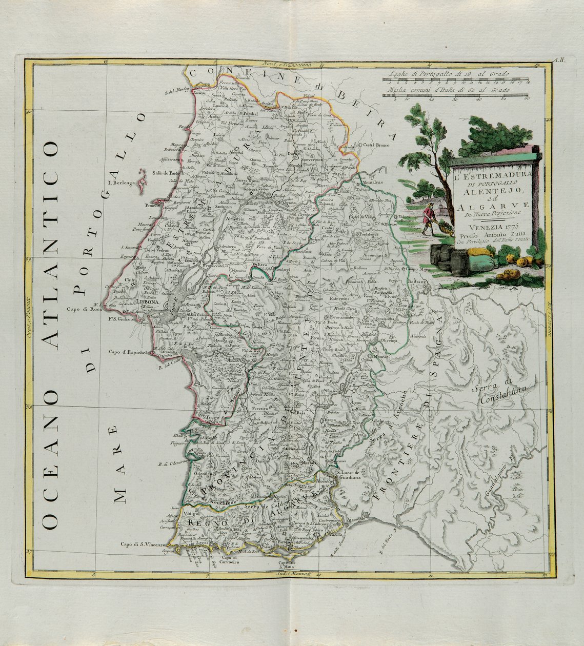 Extremadura af Portugal Alentejo eller Algarve, gravering af G. Zuliani taget fra Tome I af det nyeste atlas udgivet i Venedig i 1776 af Antonio Zatta, privat samling af G. Zuliani