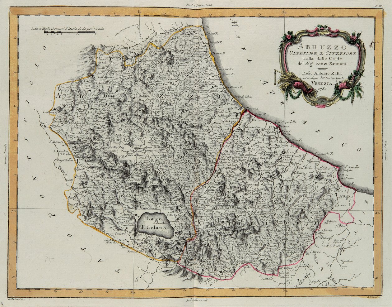 Farther and Hither Abruzzo, gravering af G. Zuliani hentet fra Tome II af "Newest Atlas" udgivet i Venedig i 1783 af Antonio Zatta, Privat Samling af G. Zuliani