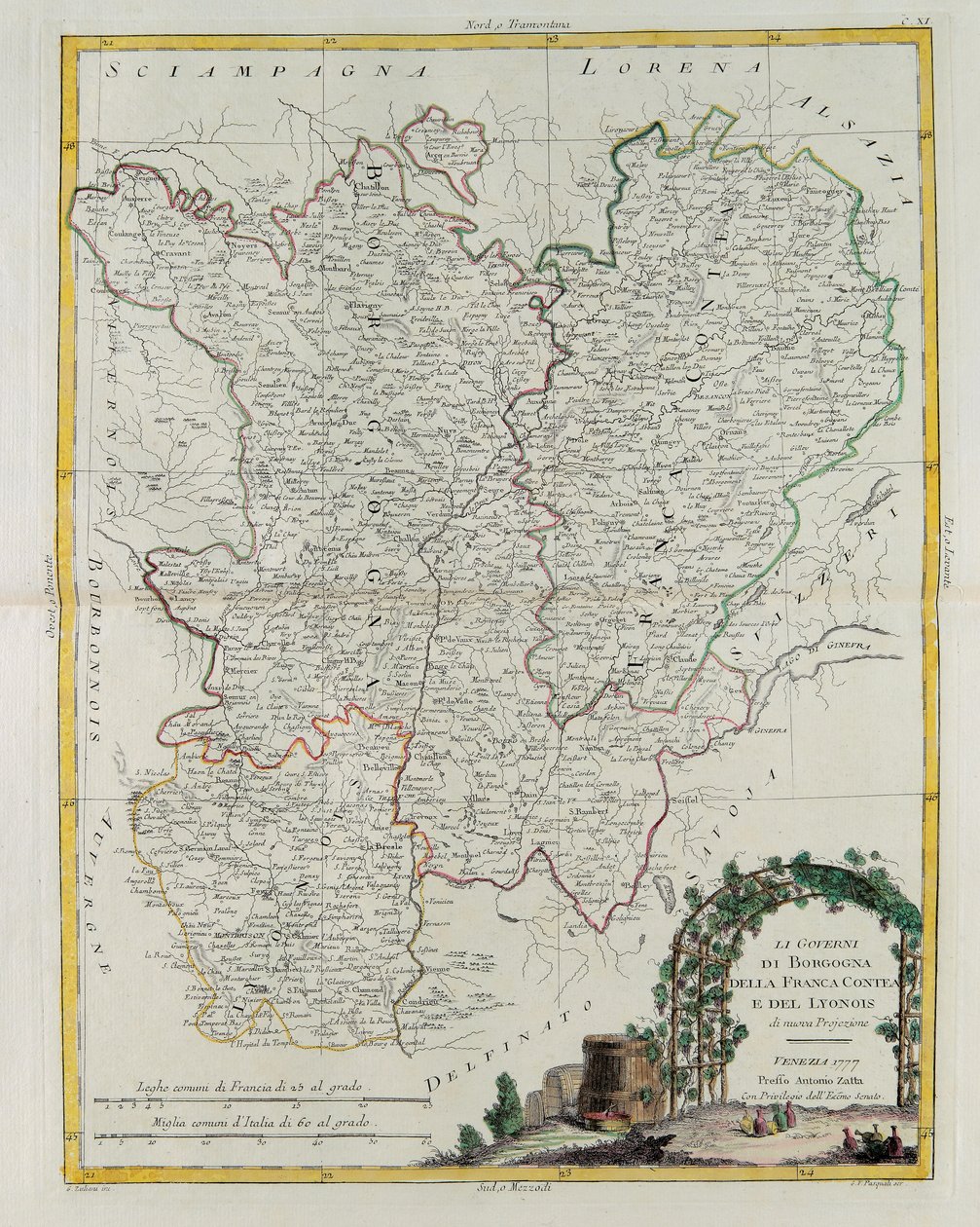 Governances of Bourgogne, Franca Contea og Lyons, gravering af G. Zuliani hentet fra Tome I of the Newest Atlas udgivet i Venedig i 1777 af Antonio Zatta, Privat Samling af G. Zuliani