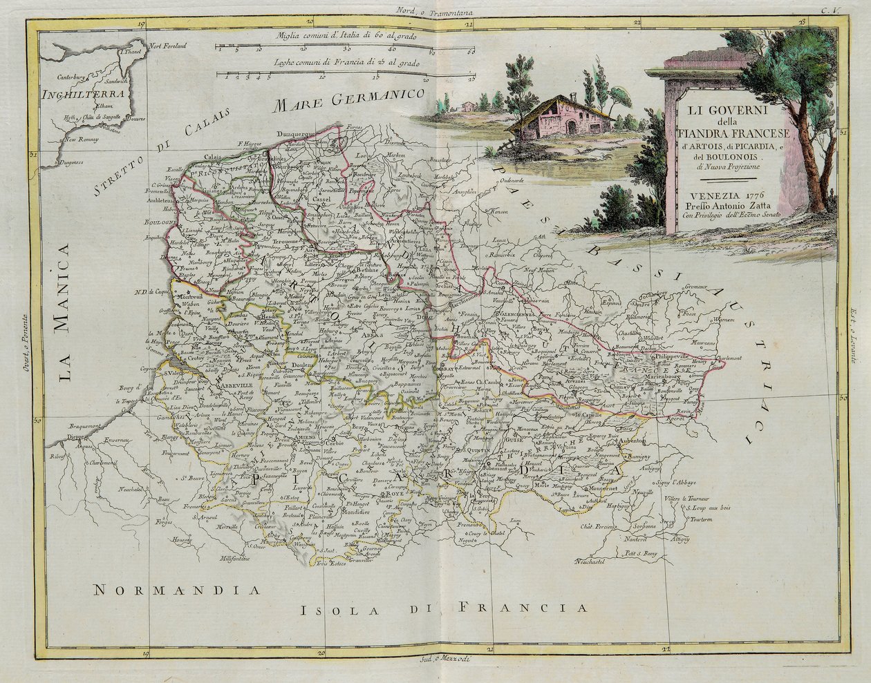 Styring af Fransk Flandern, Artois, Picardie og Boulonois, gravering af G. Zuliani hentet fra Tome I af det nyeste atlas udgivet i Venedig i 1776 af Antonio Zatta, privat samling af G. Zuliani