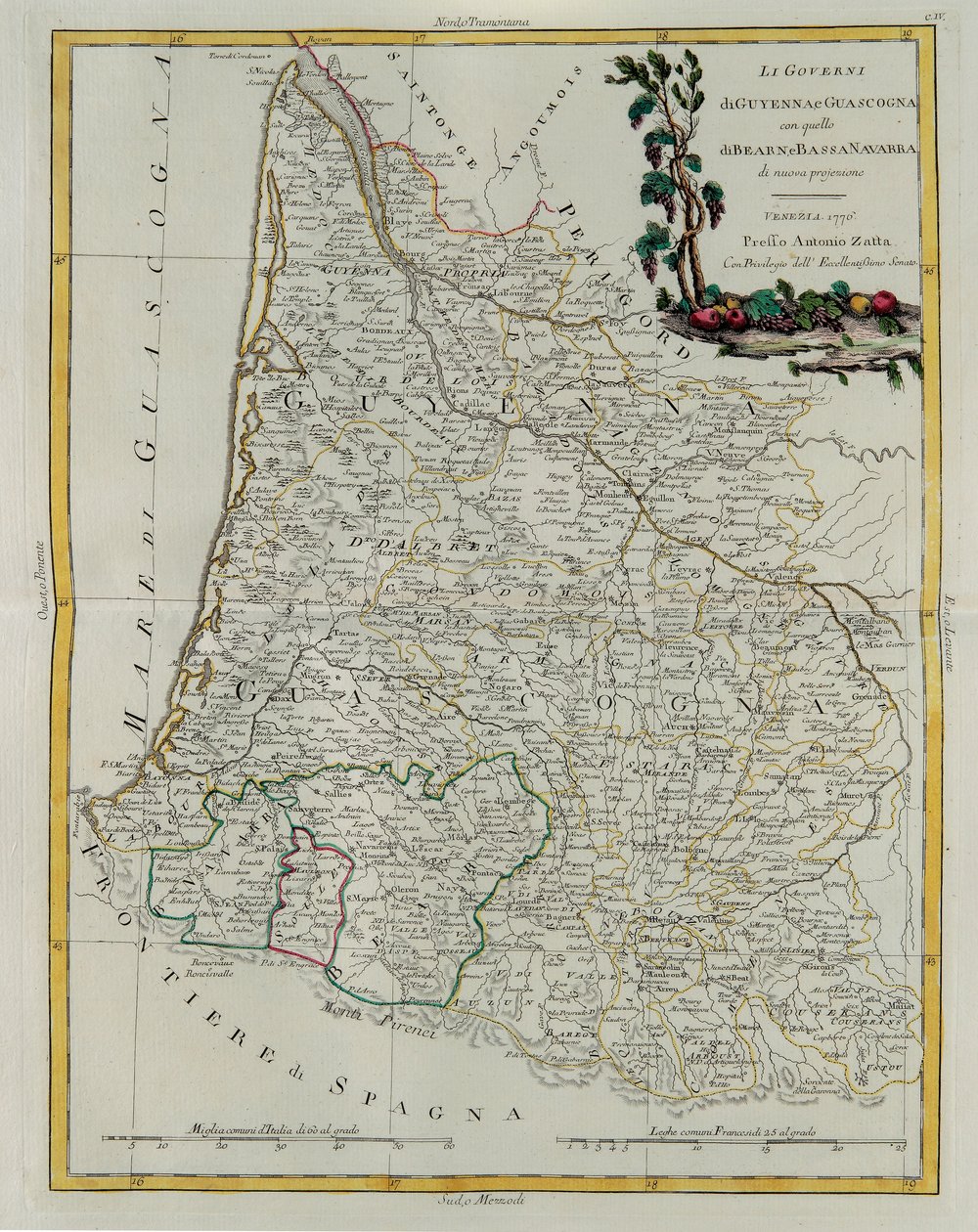Styring af Guyenne og Gascogne med Bearn og Nedre Navarra, gravering af G. Zuliani hentet fra Tome I af det nyeste atlas udgivet i Venedig i 1776 af Antonio Zatta, privat samling af G. Zuliani