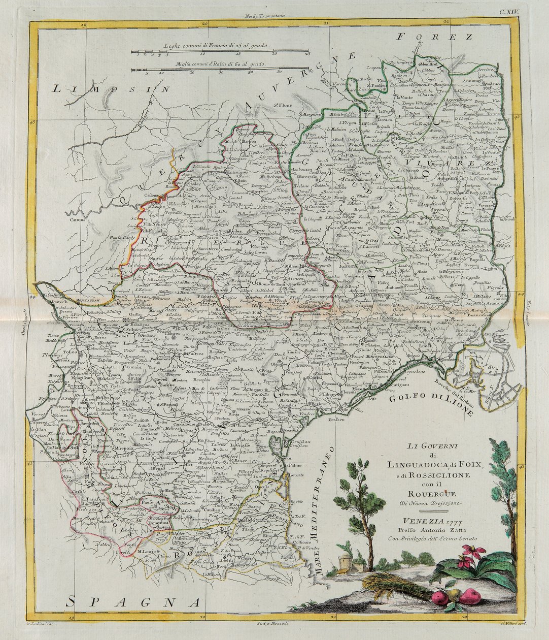 Governances of Langedoc, Foix og Roussillon med Rouergue, gravering af G. Zuliani hentet fra Tome I of the Newest Atlas udgivet i Venedig i 1777 af Antonio Zatta, Privat Samling af G. Zuliani