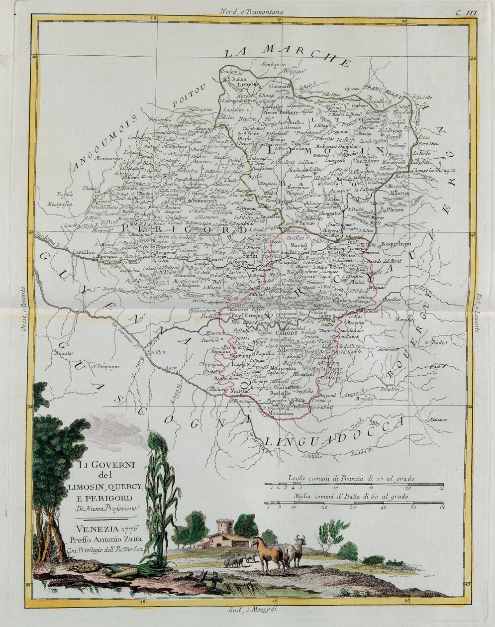 Styring af Limosin, Quercy og Perigord, gravering af G. Zuliani hentet fra Tome I of the Newest Atlas udgivet i Venedig i 1776 af Antonio Zatta, Privat Samling af G. Zuliani