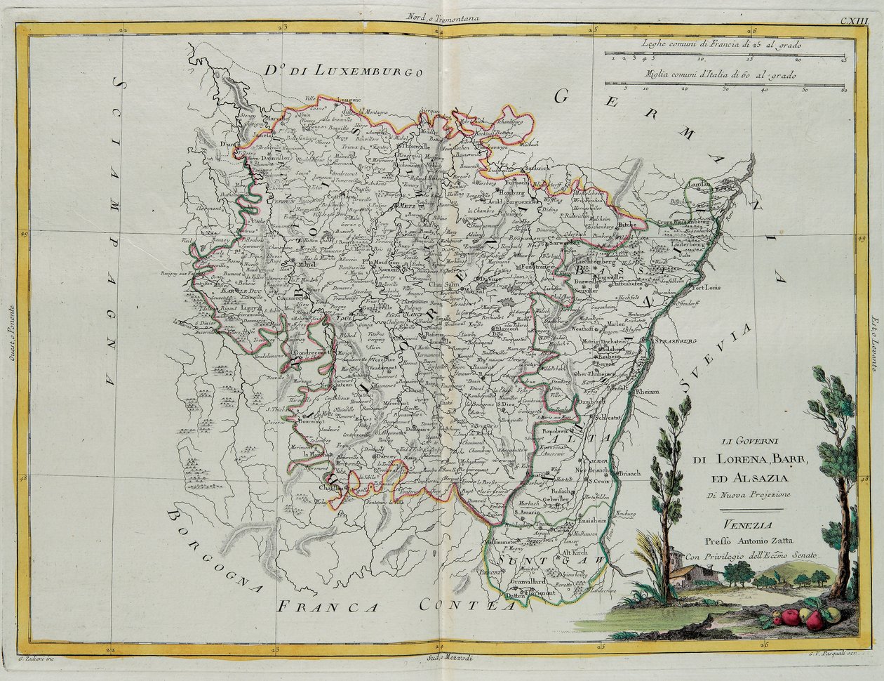 Governances of Lorraine, Barr og Alsace, gravering af G. Zuliani hentet fra Tome I af "Newest Atlas" udgivet i Venedig af Antonio Zatta, Privat Samling af G. Zuliani