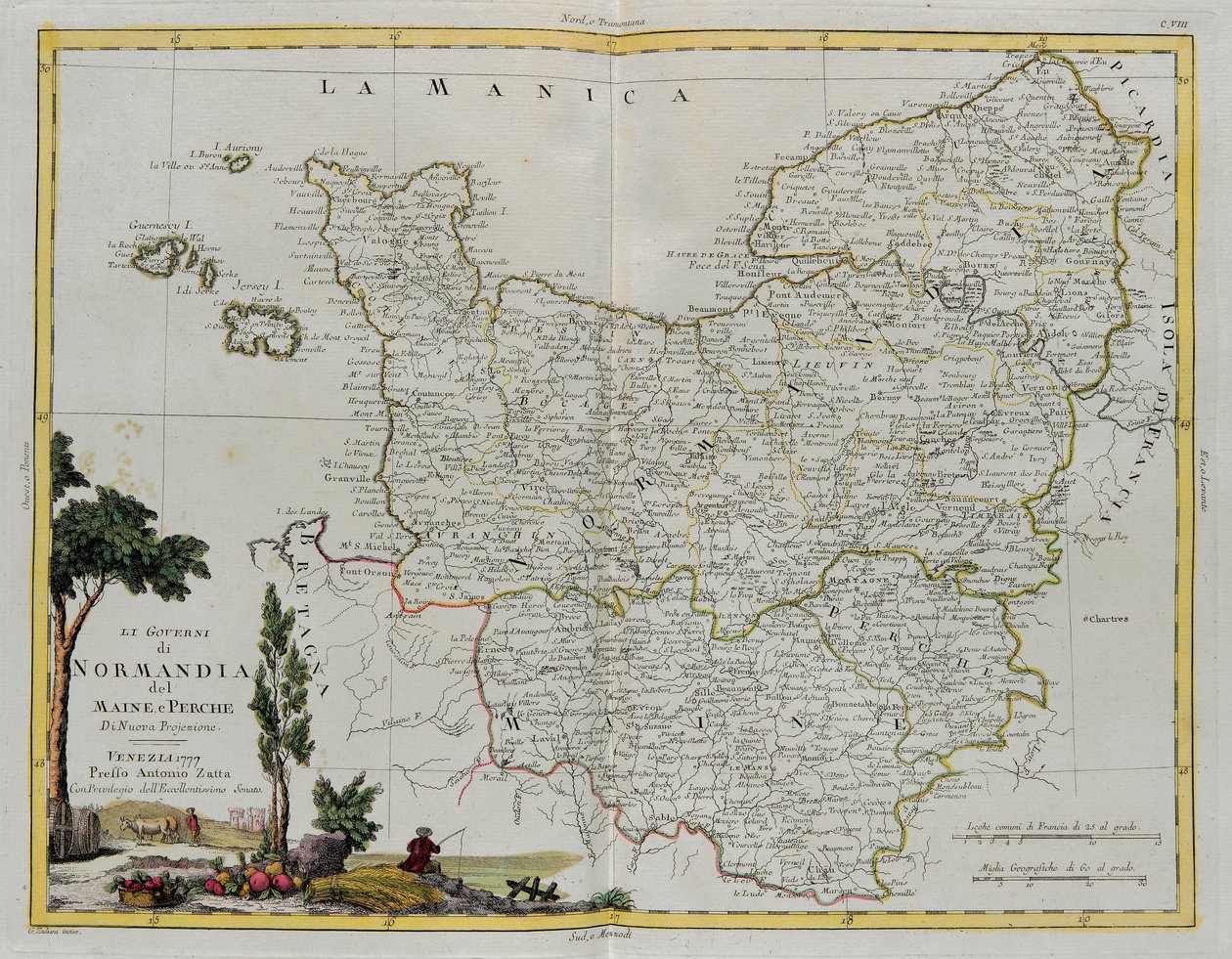 Governances of Normandie, Maine and Perche, gravering af G. Zuliani hentet fra Tome I of the Newest Atlas udgivet i Venedig i 1777 af Antonio Zatta, Private Collection af G. Zuliani