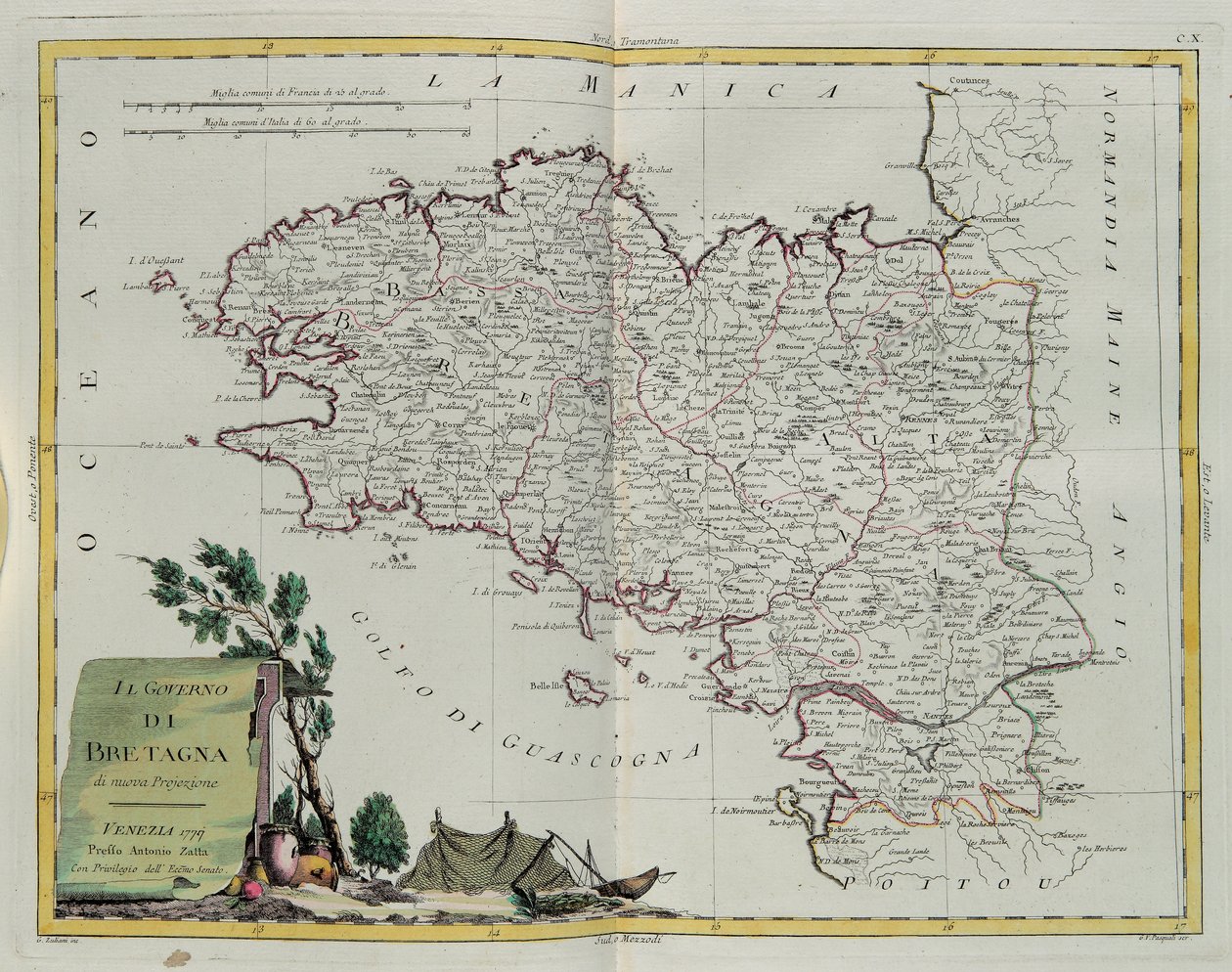 Bretagnebugten, gravering af G. Zuliani taget fra Tome I af det nyeste atlas udgivet i Venedig i 1777 af Antonio Zatta, privat samling af G. Zuliani