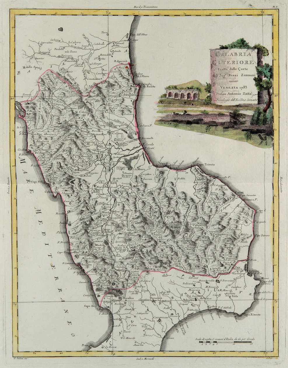 Hiher Calabria, gravering af G. Zuliani hentet fra Tome II af "Newest Atlas" udgivet i Venedig i 1783 af Antonio Zatta, Privat Samling af G. Zuliani
