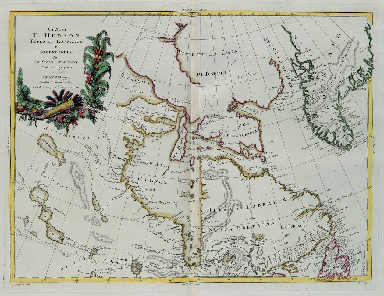 Hudson Bay, Land of Labrador og Grønland med de tilstødende øer, gravering af G. Zuliani taget fra Tome I af "Newest Atlas" udgivet i Venedig i 1778 af Antonio Zatta, Privat Samling af G. Zuliani