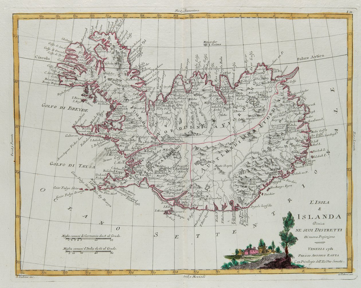 Island opdelt i sine distrikter, indgravering af G. Zuliani taget fra Tome III af "Nyeste Atlas", udgivet i Venedig i 1781 af Antonio Zatta, Privat Samling af G. Zuliani