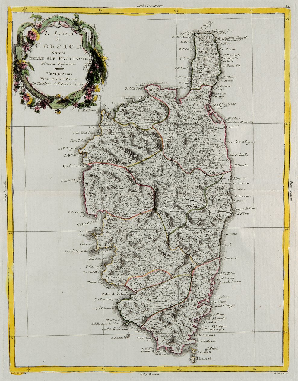 Øen Korsika opdelt i sine provinser, gravering af G. Zuliani taget fra Tome II af "Nyeste Atlas", udgivet i Venedig i 1782 af Antonio Zatta, Privat Samling af G. Zuliani