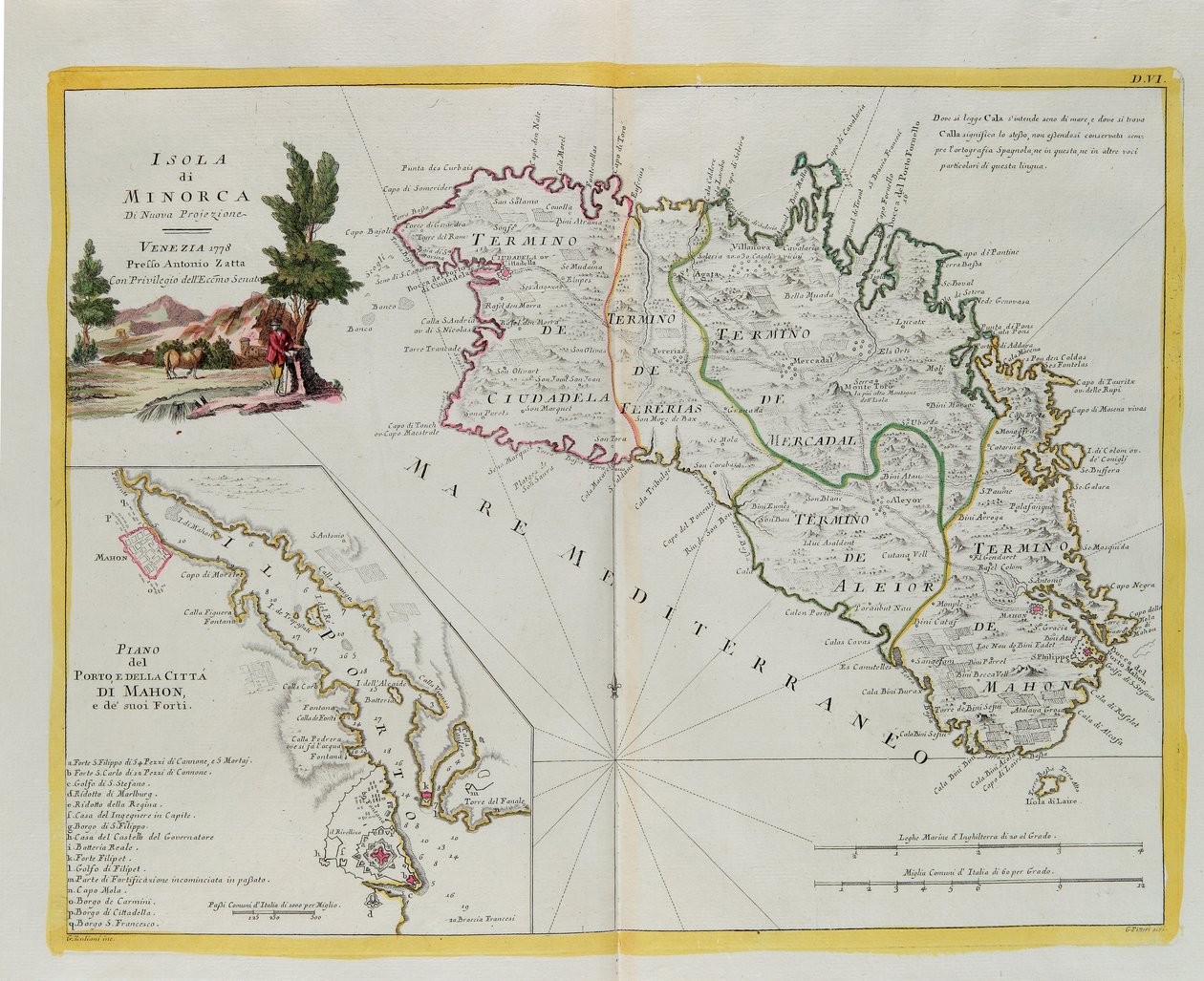 Øen Menorca og planen for havnen og byen Mahon og dens forter, gravering af G. Zuliani taget fra Tome I af "Nyeste Atlas", udgivet i Venedig i 1778 af Antonio Zatta, Privat Samling af G. Zuliani