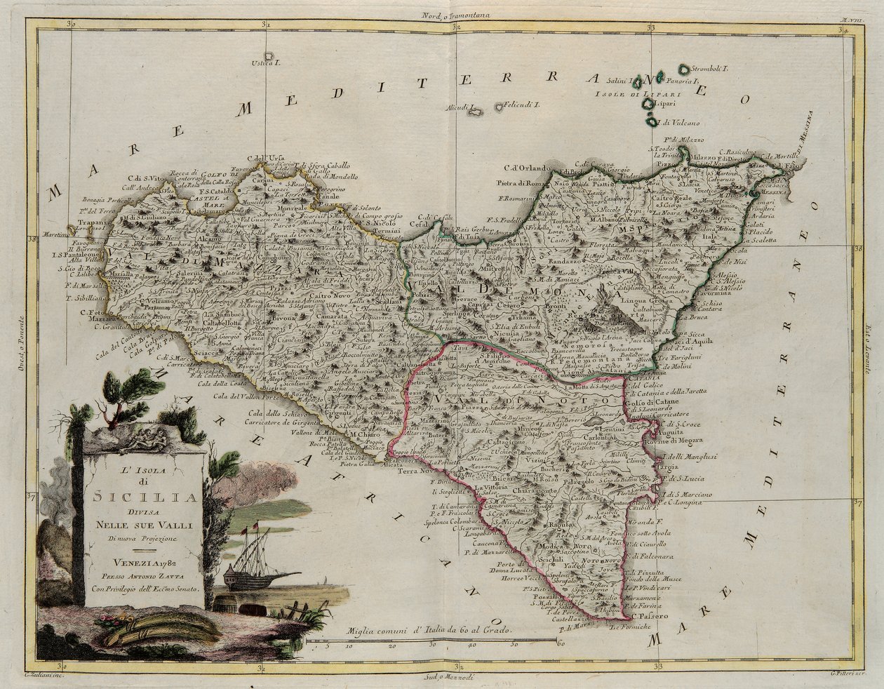 Øen Sicilien, opdelt i dets dale, gravering af G. Zuliani taget fra Tome II af det nyeste atlas udgivet i Venedig i 1782 af Antonio Zatta, Privat Samling af G. Zuliani