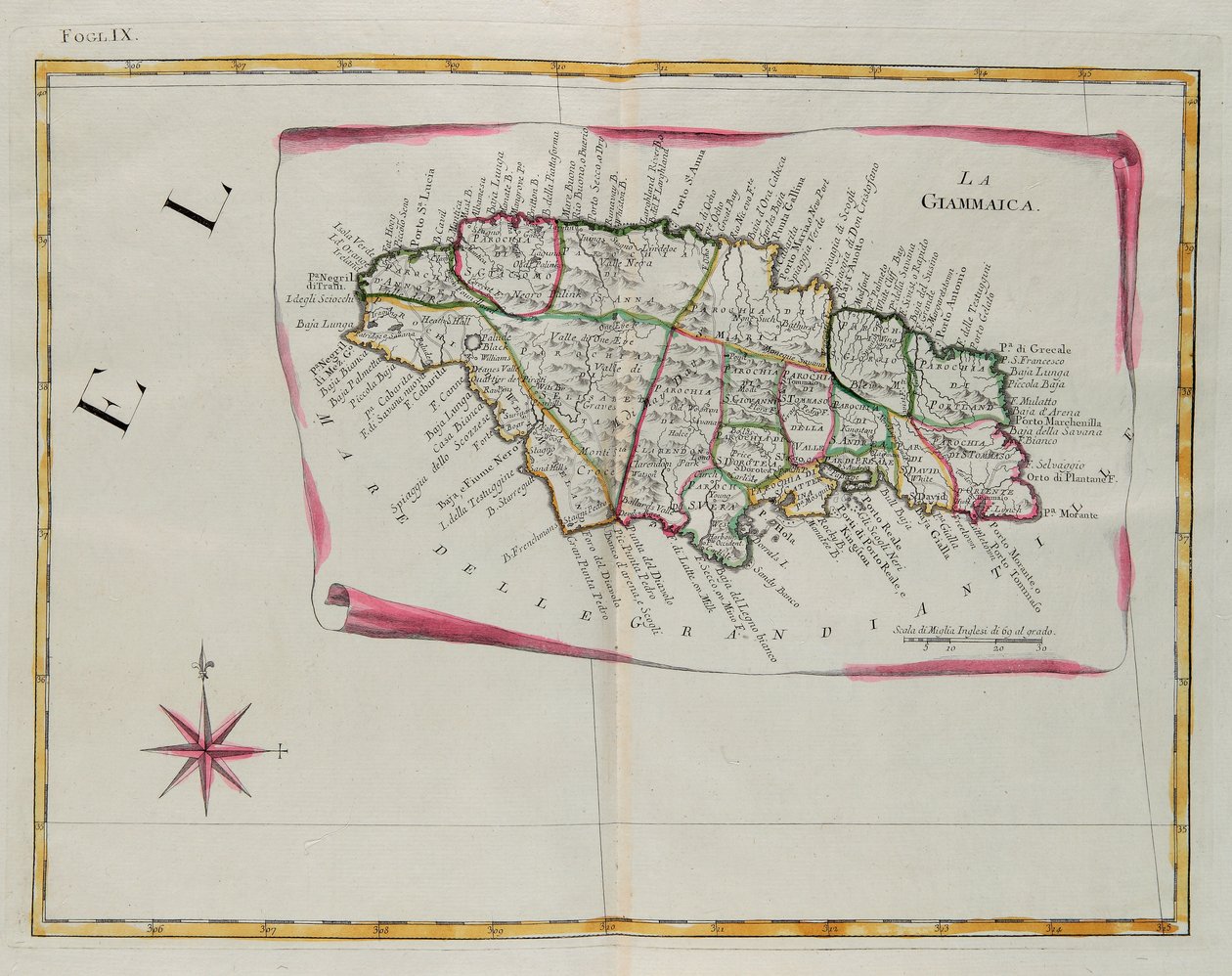 Jamaica, gravering af G. Zuliani hentet fra Tome I af "Newest Atlas" udgivet i Venedig i 1778 af Antonio Zatta, Privat Samling af G. Zuliani