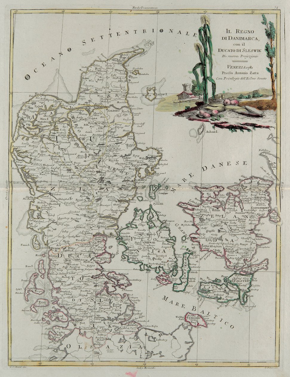 Kongeriget Danmark med hertugdømmet Slesvik, gravering af G. Zuliani hentet fra Tome III i "Nyeste Atlas" udgivet i Venedig i 1781 af Antonio Zatta, Privat Samling af G. Zuliani