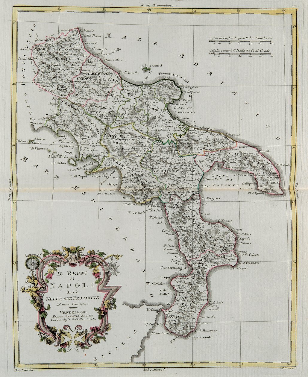 Kongeriget Napoli opdelt i dets provinser, gravering af G. Zuliani taget fra Tome II af "Nyeste Atlas", udgivet i Venedig i 1781 af Antonio Zatta, Privat Samling af G. Zuliani