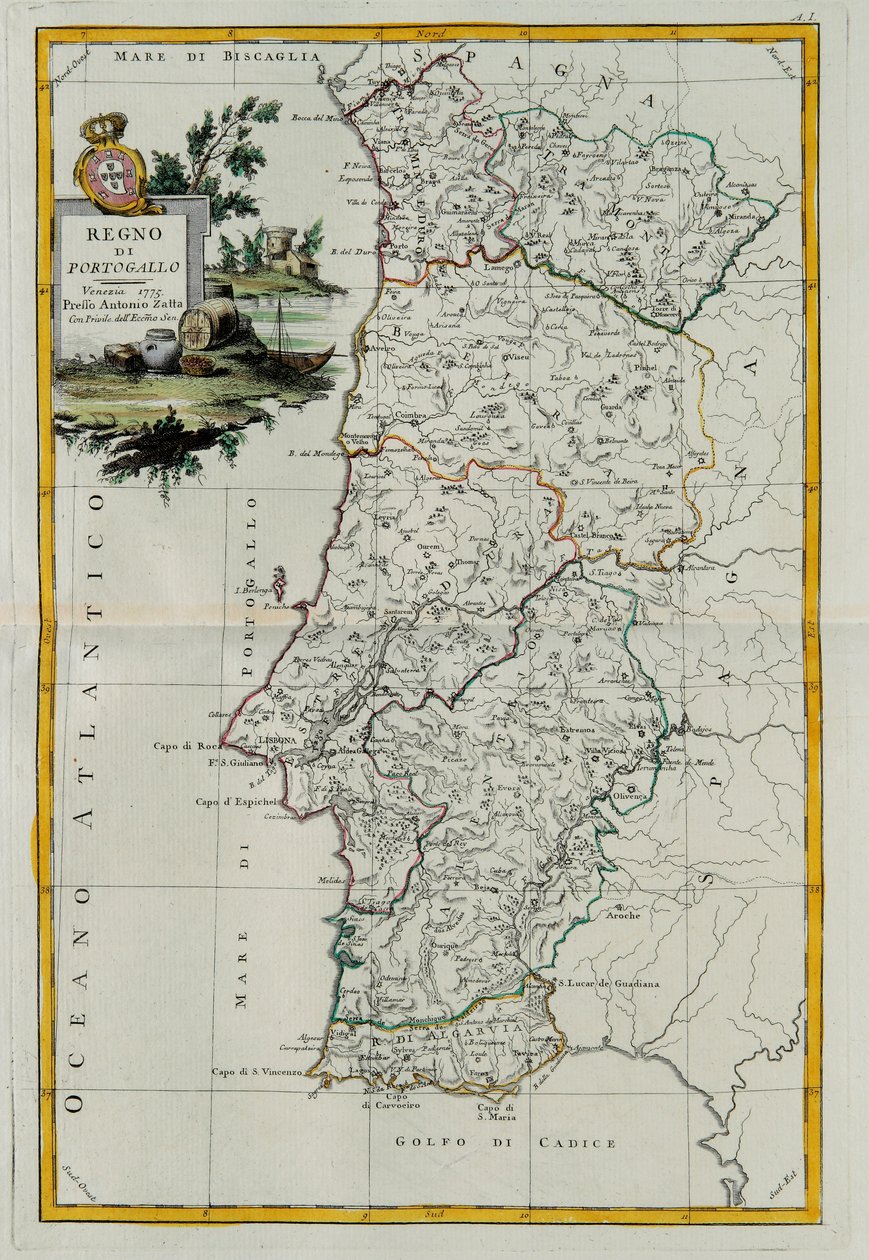 Kongeriget Portugal, gravering af G. Zuliani hentet fra Tome I af det nyeste atlas udgivet i Venedig i 1776 af Antonio Zatta, privat samling af G. Zuliani