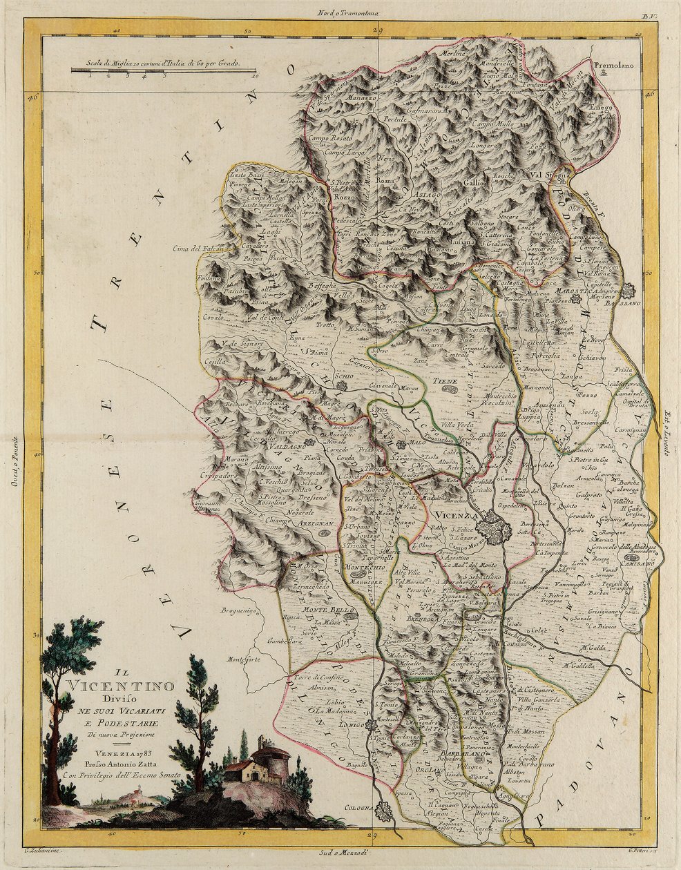 Landområde i staten Veneto: område af Vicenza opdelt i dets bispedømmer og magistrater, gravering af G. Zuliani taget fra Tome II af "Nyeste Atlas", udgivet i Venedig i 1782 af Antonio Zatta, Privat Samling af G. Zuliani