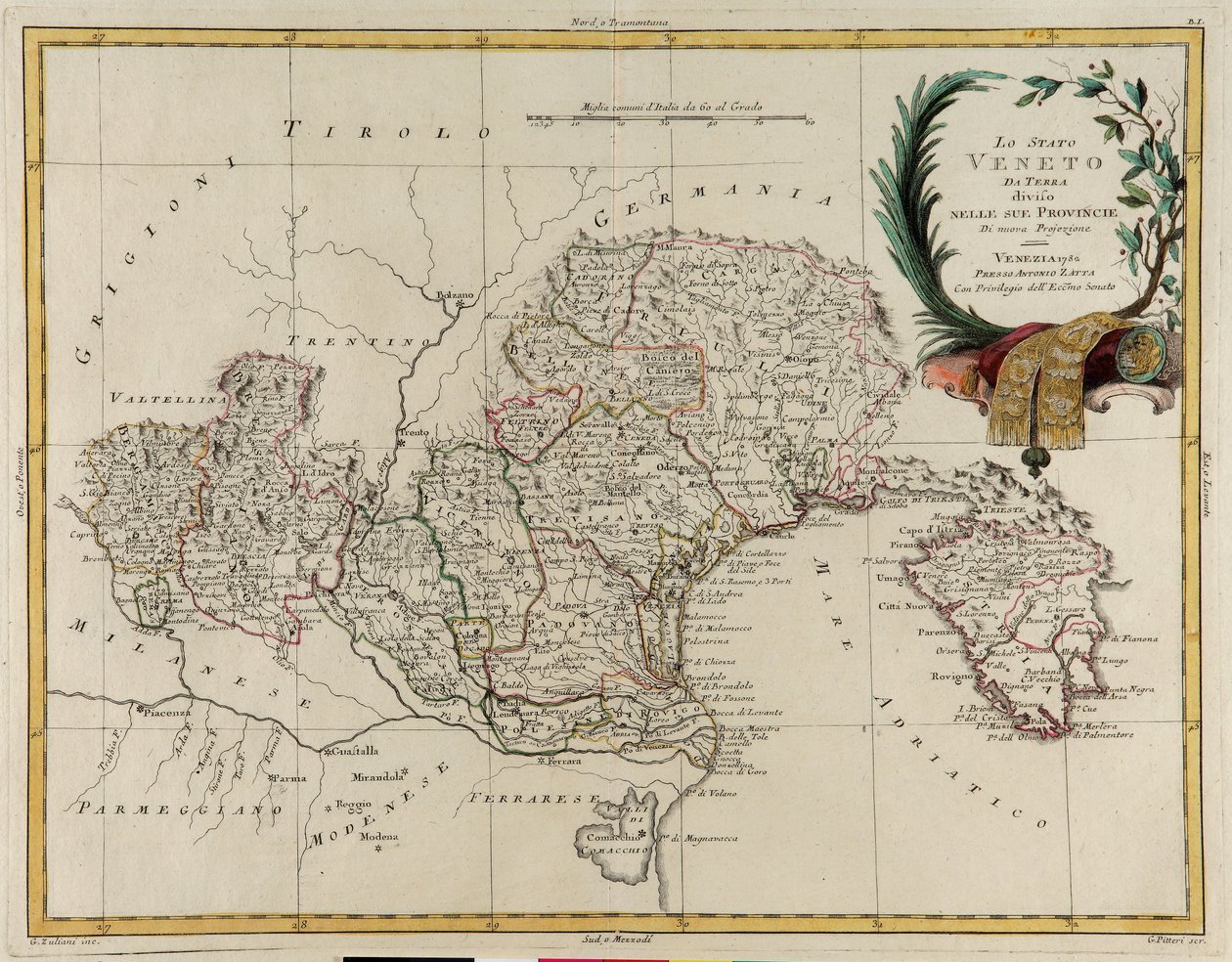 Landområde i staten Veneto, opdelt i dets provinser, gravering af G. Zuliani taget fra Tome II af "Nyeste Atlas", udgivet i Venedig i 1782 af Antonio Zatta, Privat Samling af G. Zuliani