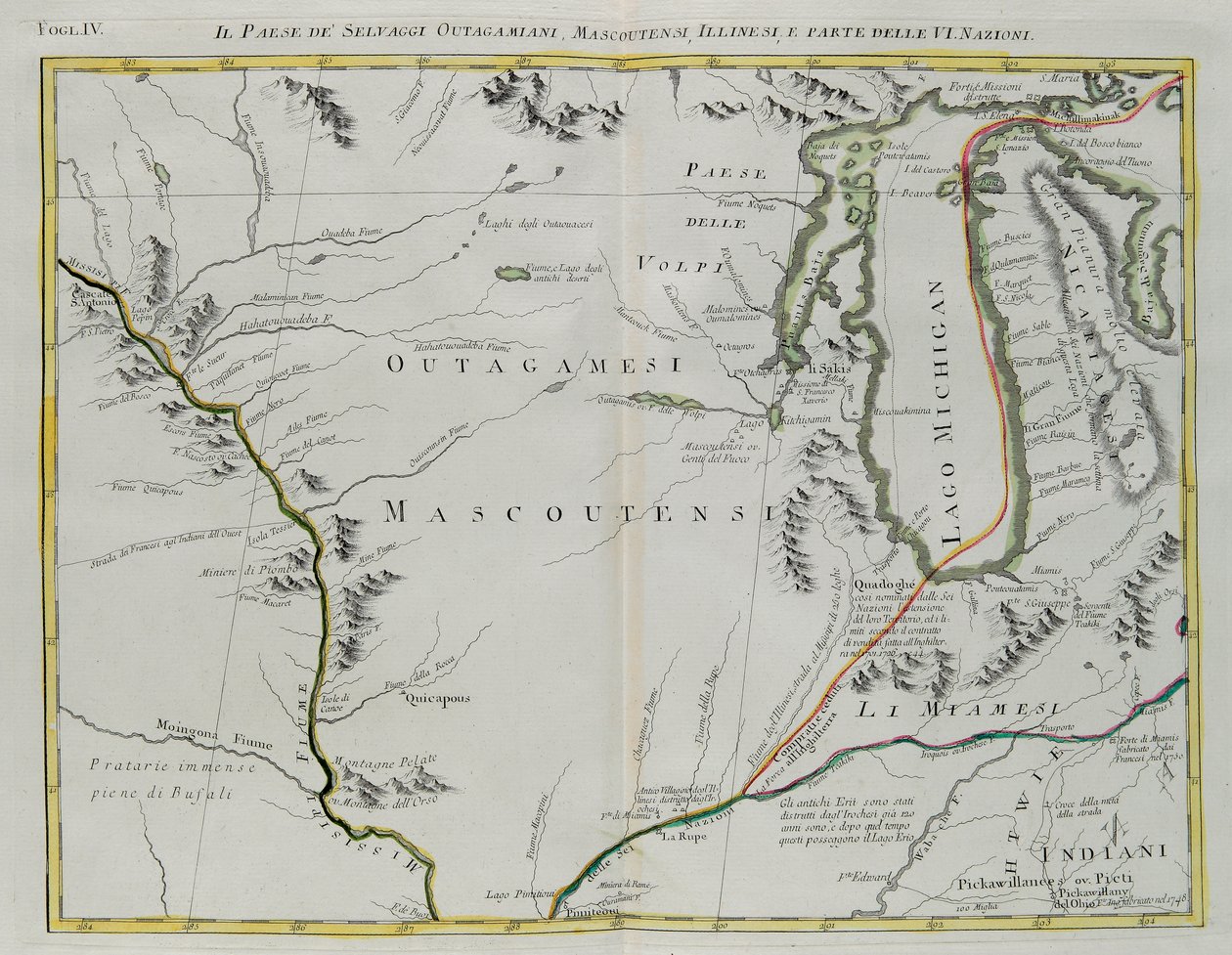 Land of Outagamie, Mascoutin, Illinois-indianerne og en del af de seks nationer, gravering af G. Zuliani taget fra Tome I af "Newest Atlas" udgivet i Venedig i 1778 af Antonio Zatta, privat samling af G. Zuliani