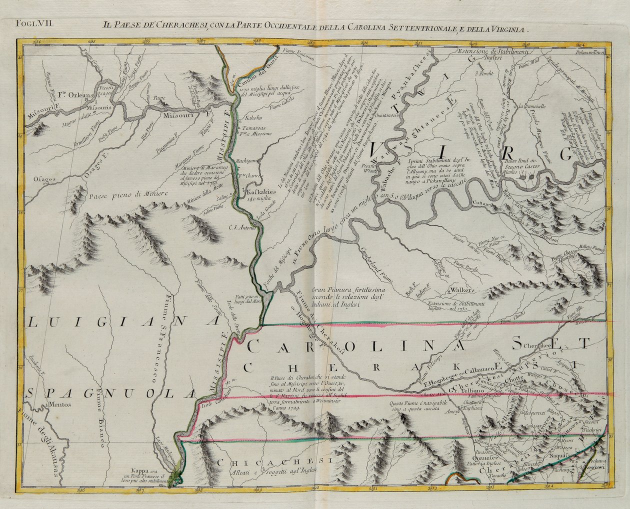 Cherokees land med den vestlige del af North Carolina og Virginia, gravering af G. Zuliani hentet fra Tome I af "Newest Atlas" udgivet i Venedig i 1778 af Antonio Zatta, Private Collection af G. Zuliani