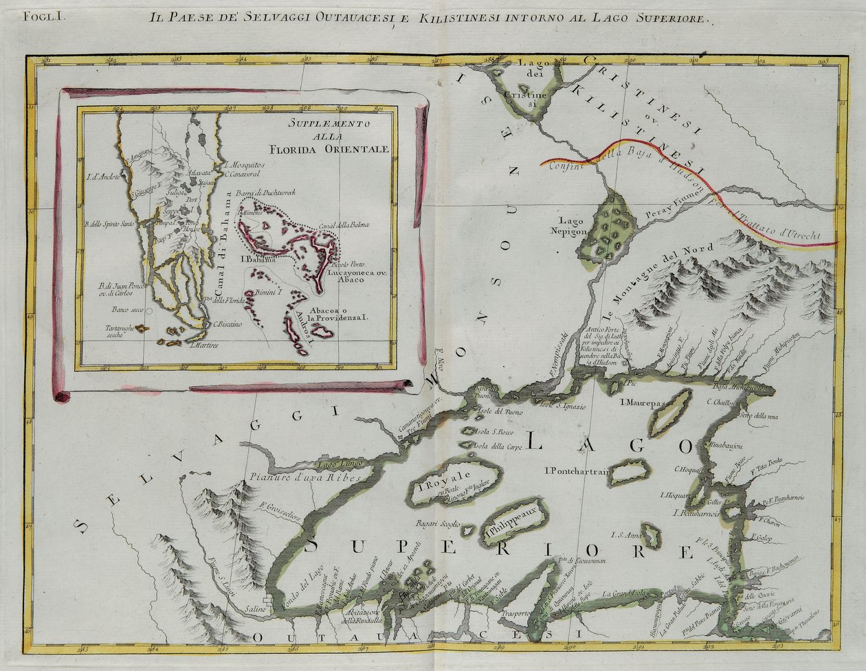 Ottawa- og Kilistine-indianernes land omkring Lake Superior og et supplement fra det østlige Florida, gravering af G. Zuliani hentet fra Tome I af "Newest Atlas" udgivet i Venedig i 1778 af Antonio Zatta, Private Collection af G. Zuliani