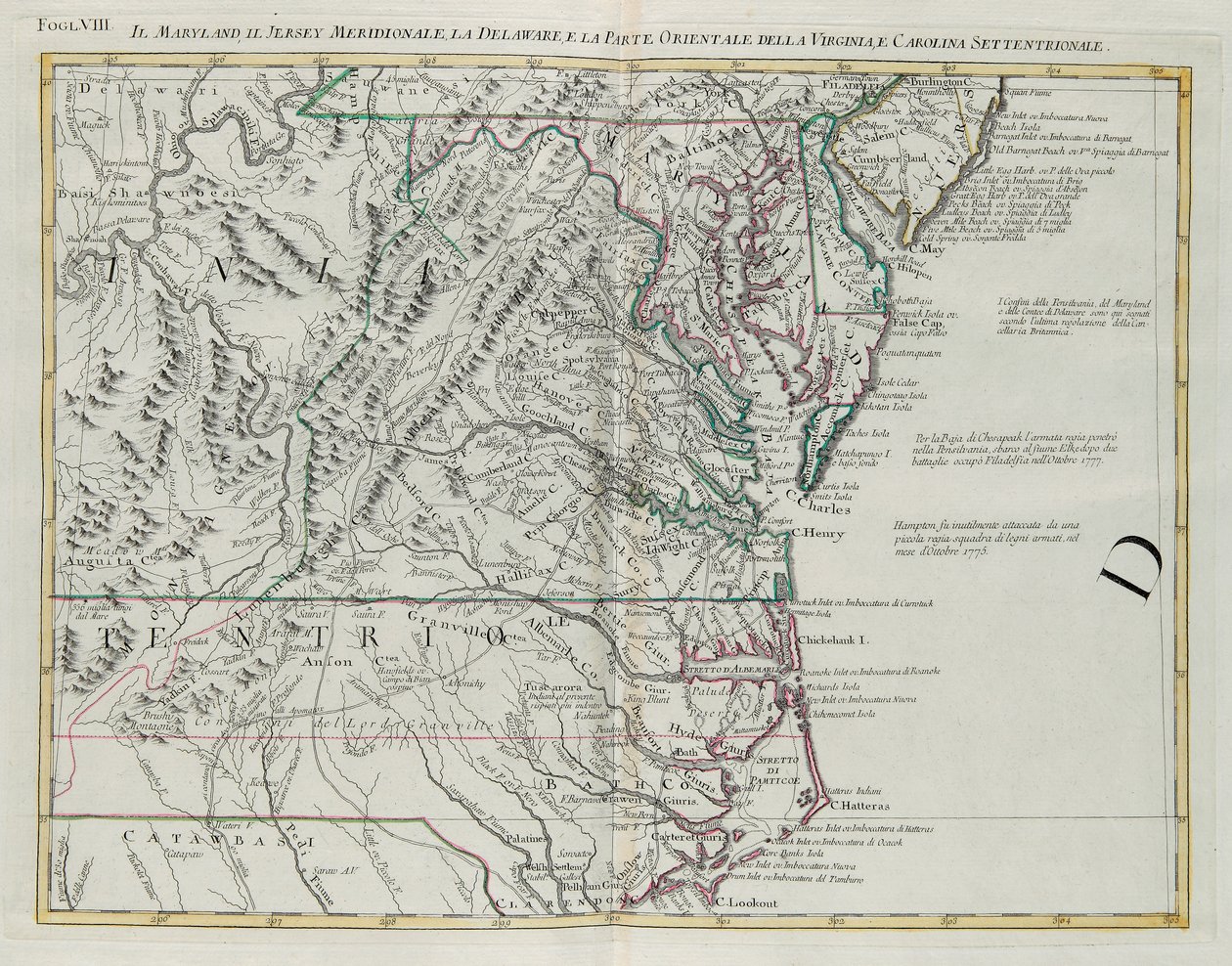 Maryland, det sydlige New Jersey, Delaware og den østlige del af Virginia og North Carolina, gravering af G. Zuliani taget fra Tome I af "Newest Atlas" udgivet i Venedig i 1778 af Antonio Zatta, Privat Samling af G. Zuliani