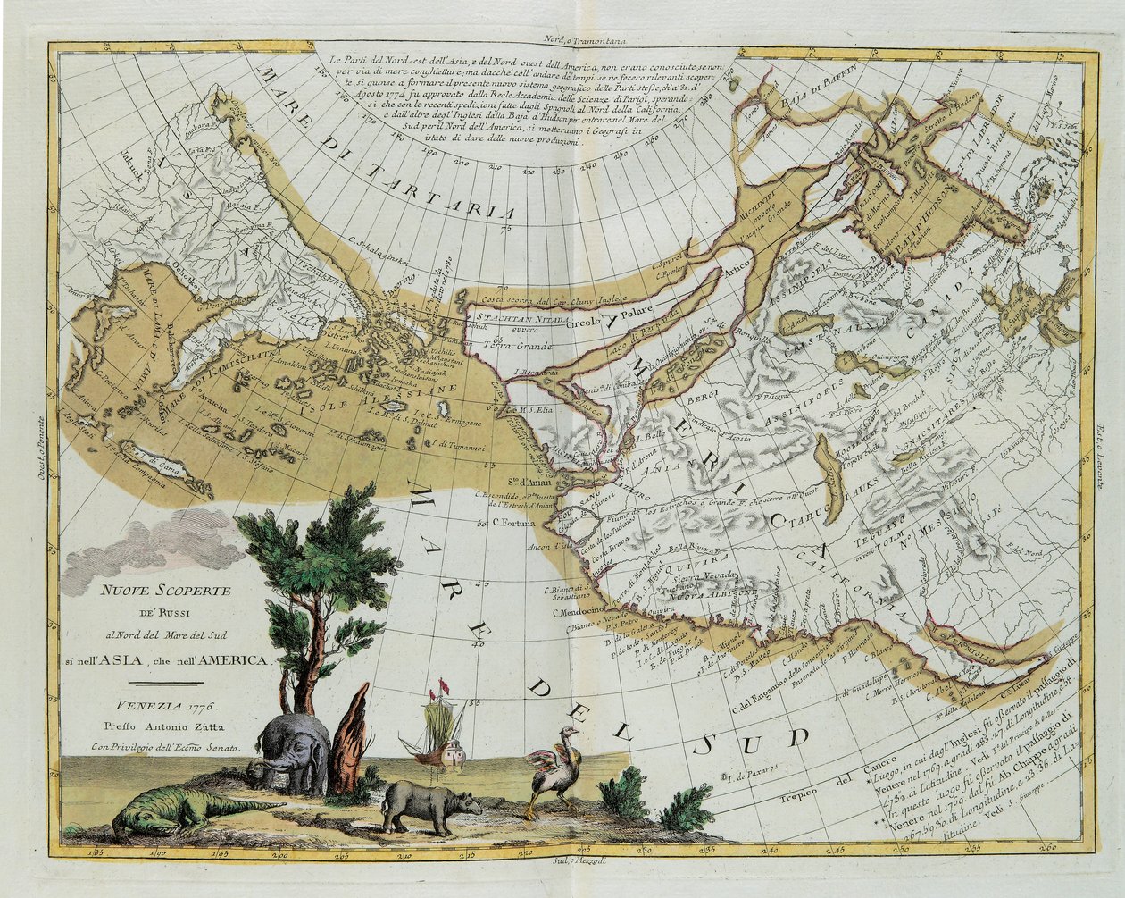 Nye opdagelser af russerne nord for Sydhavet. både i Asien og i Amerika, gravering af G. Zuliani hentet fra Tome I of the Newest Atlas udgivet i Venedig i 1776 af Antonio Zatta, af G. Zuliani