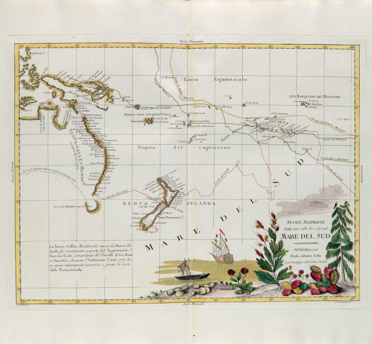 Nye opdagelser gjort i 1775, 67 og 69 i Sydhavet, gravering af G. Zuliani taget fra Tome I af det nyeste atlas udgivet i Venedig i 1776 af Antonio Zatta, Privat Samling af G. Zuliani