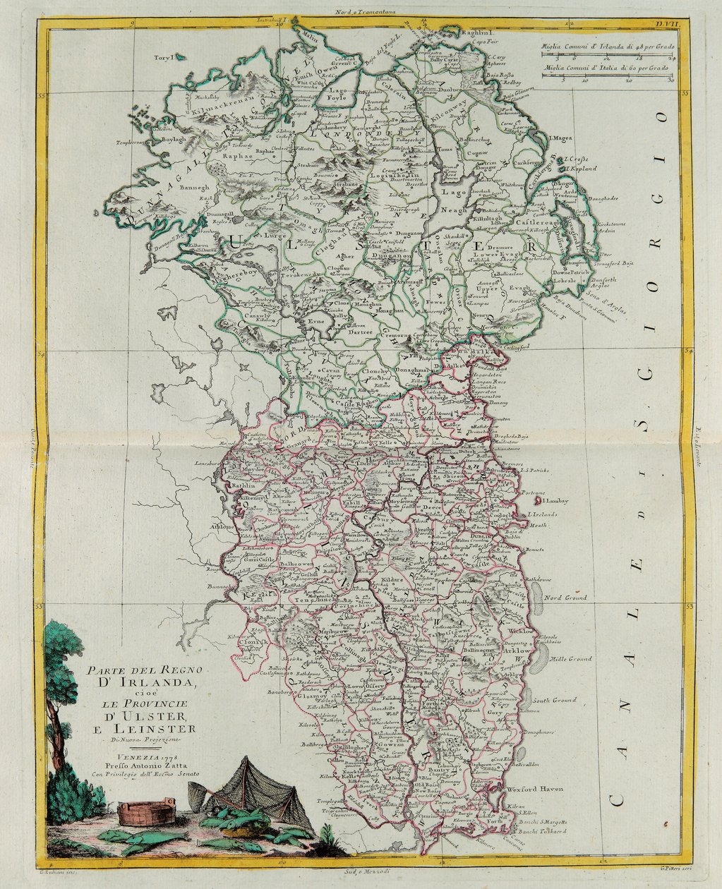 En del af Kongeriget Irland, det vil sige provinserne Ulster og Leinster, gravering af G. Zuliani taget fra Tome I af "Newest Atlas" udgivet i Venedig i 1778 af Antonio Zatta, Privat Samling af G. Zuliani