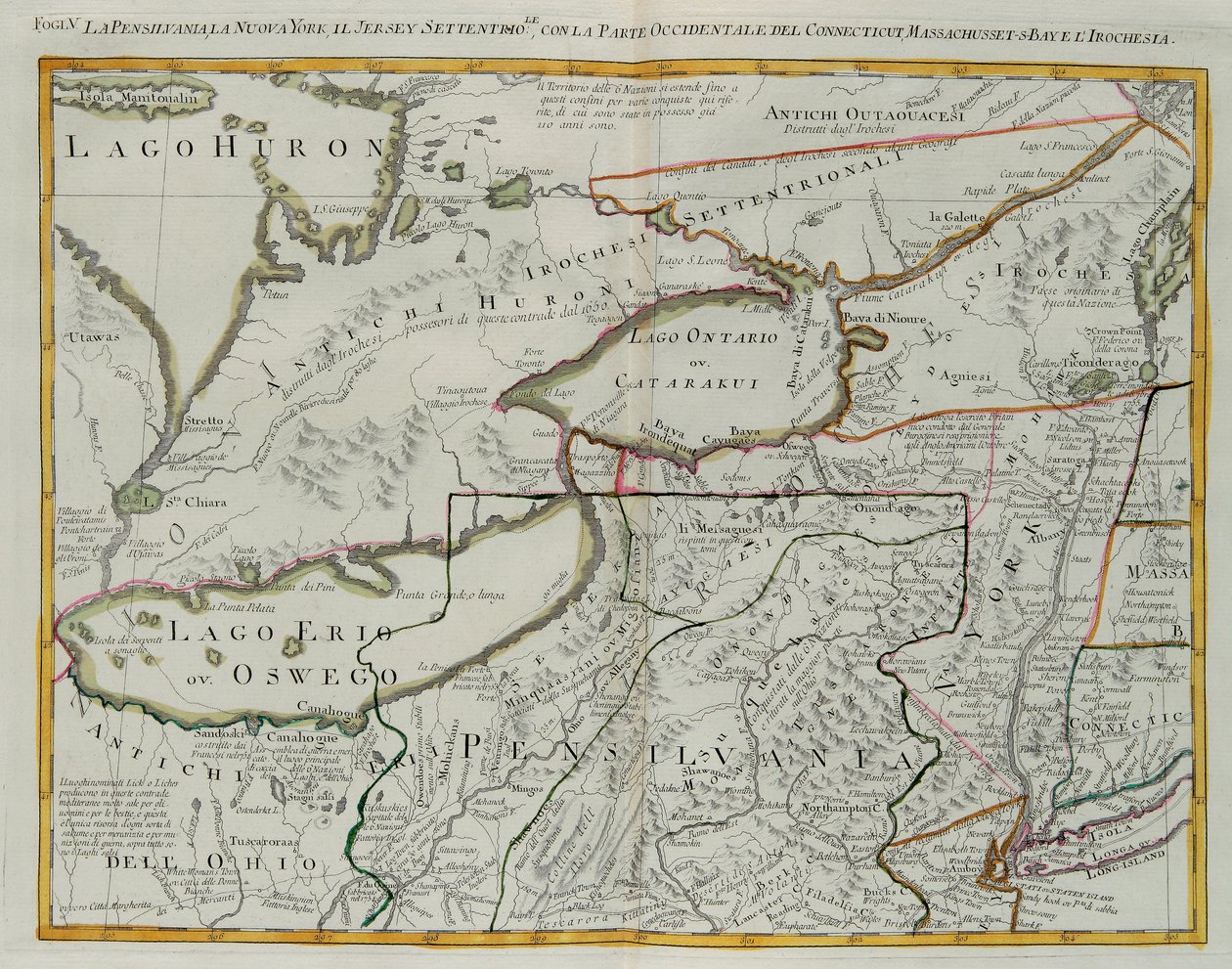 Pennsylvania, New York, det sydlige New Jersey, med den vestlige del af Connecticut, Massachusetts Bay og Land of the Iroquois, gravering af G. Zuliani taget fra Tome I af "Newest Atlas" udgivet i Venedig i 1778 af Antonio Zatta, Privat Samling af G. Zuliani