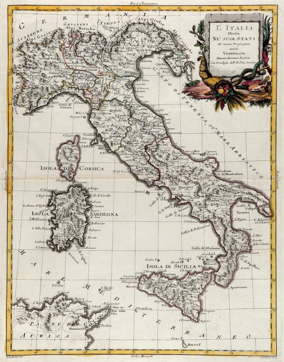 Politisk kort over Italien, gravering af G. Zuliani hentet fra Tome II af "Newest Atlas" udgivet i Venedig i 1782 af Antonio Zatta, Privat Samling af G. Zuliani