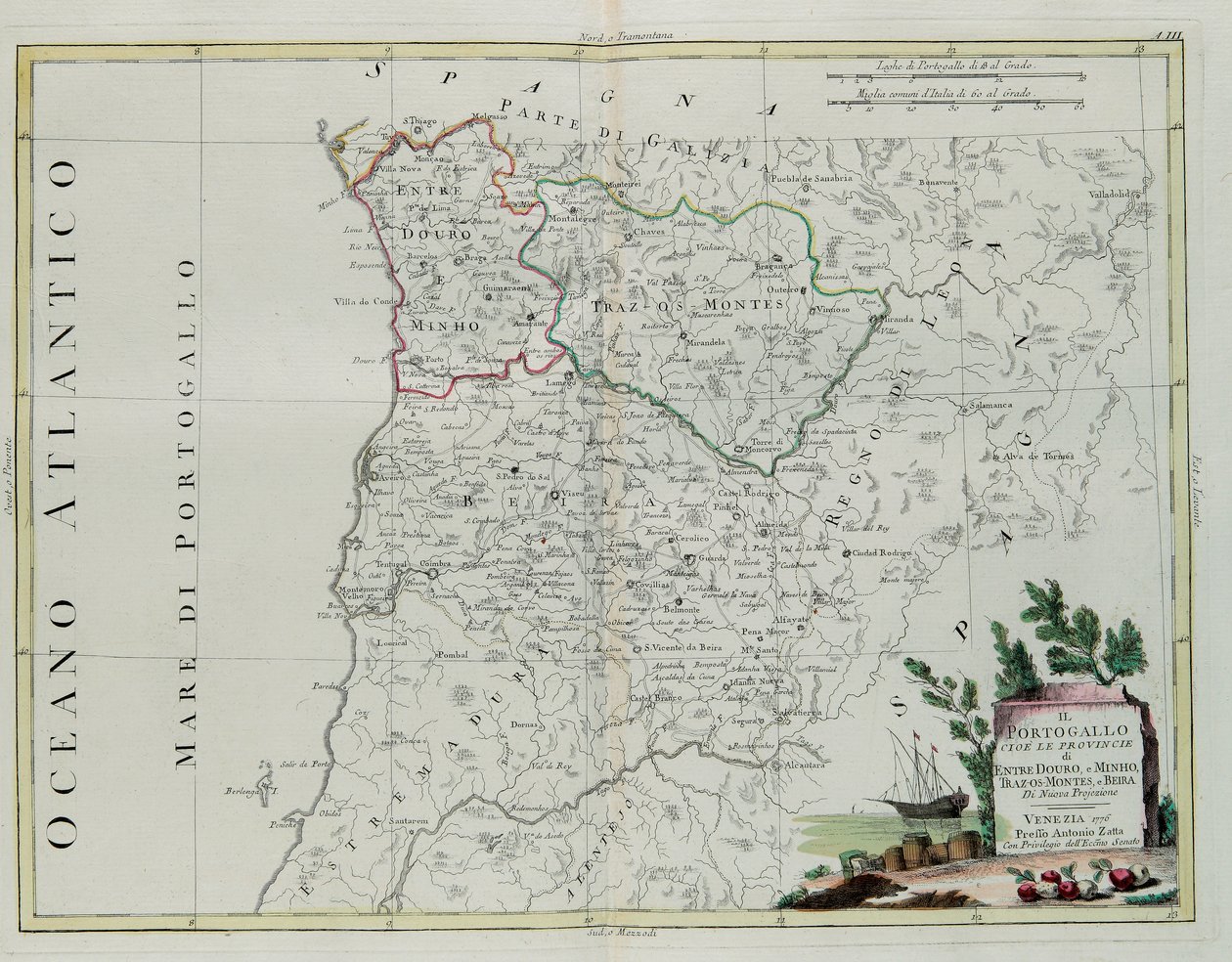 Portugal, det vil sige provinserne Entre Douro, Minho, Traz-os-Montes og Beir, gravering af G. Zuliani hentet fra Tome I of the Newest Atlas udgivet i Venedig i 1776 af Antonio Zatta, Private Coll. af G. Zuliani