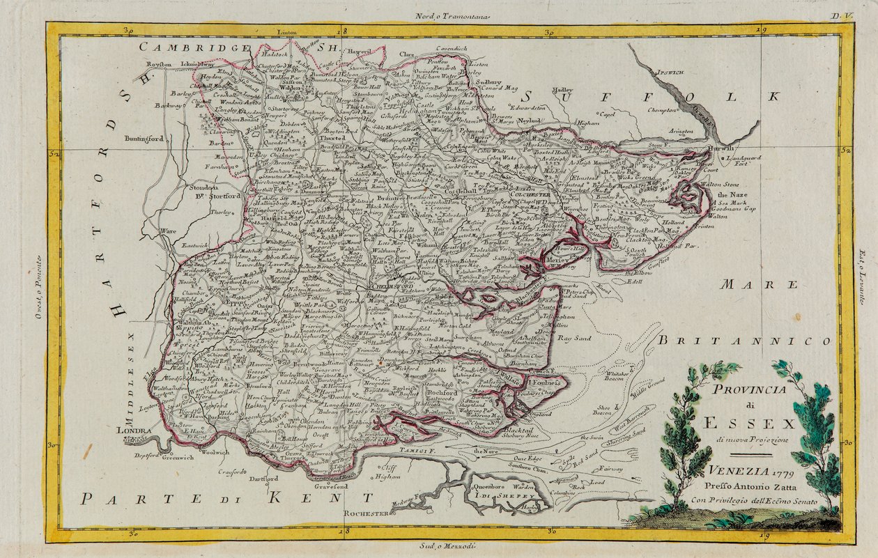 Provinsen Essex, gravering af G. Zuliani taget fra Tome I af "Newest Atlas" udgivet i Venedig i 1779 af Antonio Zatta, Privat Samling af G. Zuliani