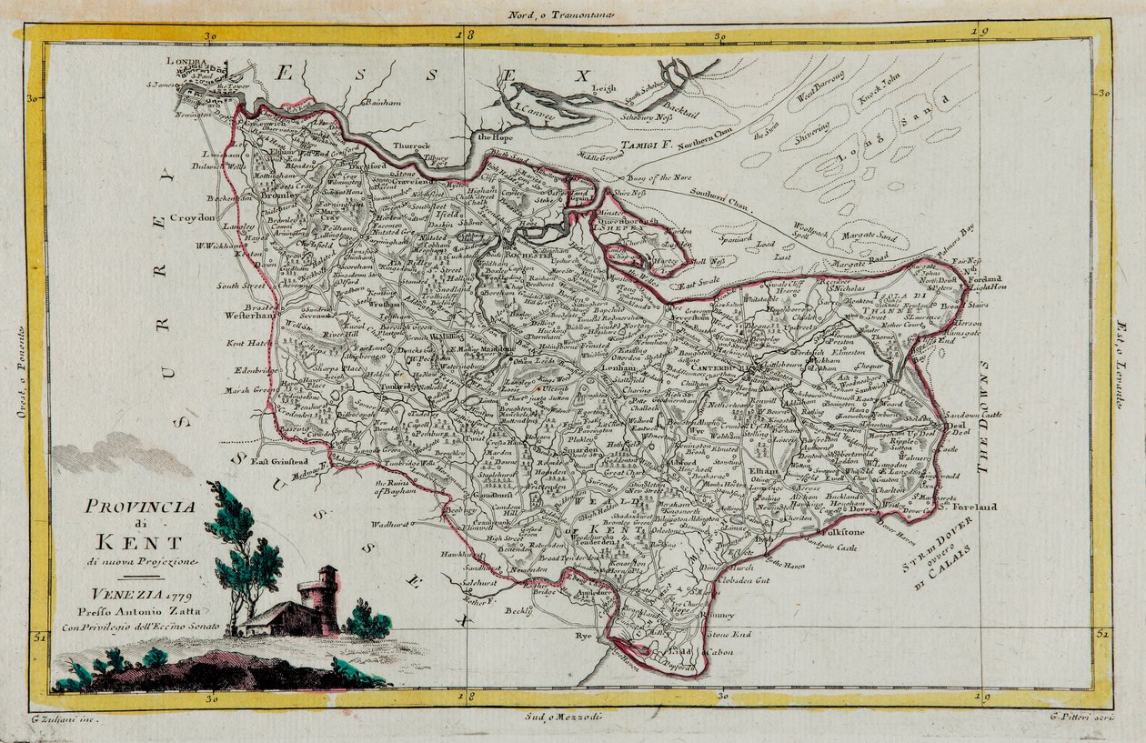 Provinsen Kent, gravering af G. Zuliani hentet fra Tome I af "Newest Atlas" udgivet i Venedig i 1779 af Antonio Zatta, Privat Samling af G. Zuliani