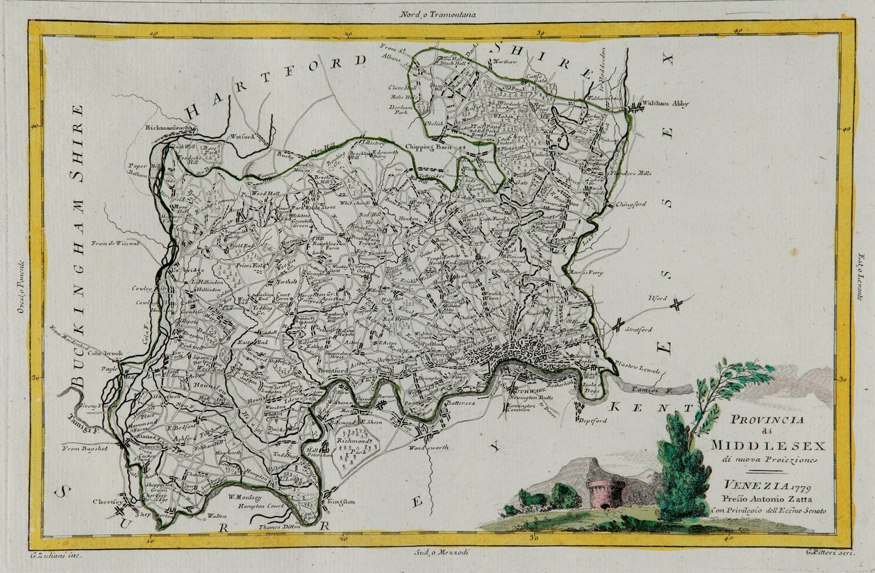 Province of Middlesex, gravering af G. Zuliani taget fra Tome I af "Newest Atlas" udgivet i Venedig i 1779 af Antonio Zatta, Privat Samling af G. Zuliani