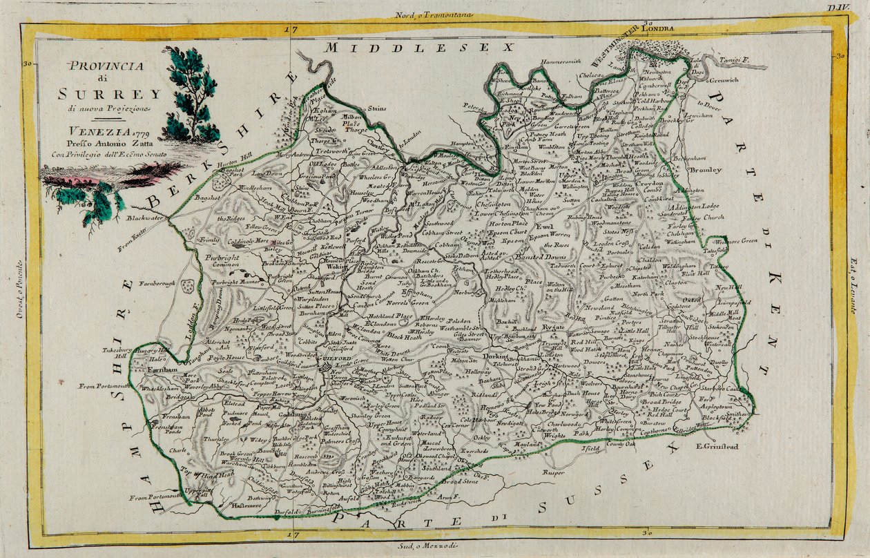 Provinsen Surrey, gravering af G. Zuliani hentet fra Tome I af "Newest Atlas" udgivet i Venedig i 1779 af Antonio Zatta, Privat Samling af G. Zuliani