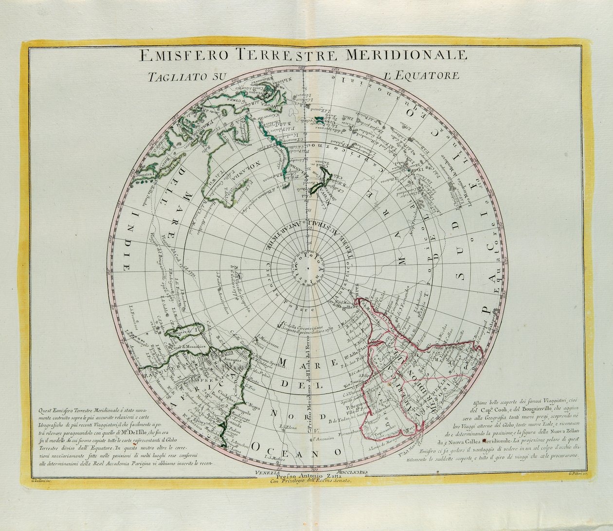 Jordens sydlige halvkugle skåret ved ækvator, gravering af G. Zuliani taget fra Tome I af det nyeste atlas udgivet i Venedig i 1779 af Antonio Zatta af G. Zuliani