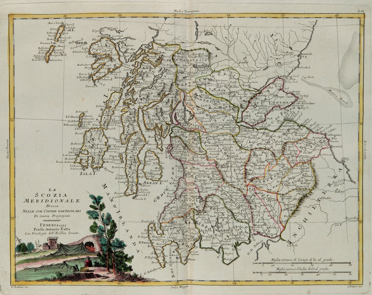 Det sydlige Skotland opdelt i dets amter, gravering af G. Zuliani hentet fra Tome I af "Newest Atlas" udgivet i Venedig i 1779 af Antonio Zatta, Privat Samling af G. Zuliani