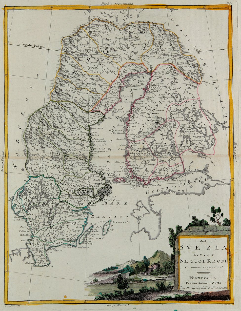 Sverige opdelt i sine kongeriger, gravering af G. Zuliani hentet fra Tome III af "Nyeste Atlas", udgivet i Venedig i 1781 af Antonio Zatta, Privat Samling af G. Zuliani