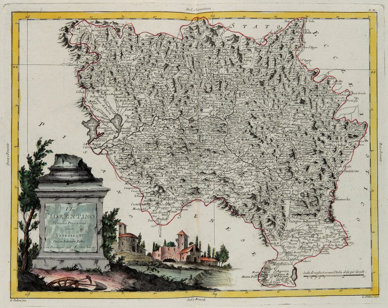 Firenzes territorium, gravering af G. Zuliani hentet fra Tome II af "Newest Atlas" udgivet i Venedig i 1783 af Antonio Zatta, Privat Samling af G. Zuliani