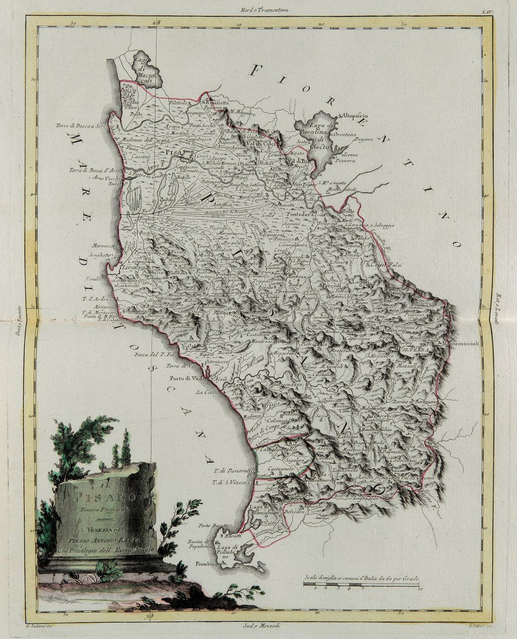 Pisas territorium, gravering af G. Zuliani hentet fra Tome II af "Newest Atlas" udgivet i Venedig i 1783 af Antonio Zatta, Privat Samling af G. Zuliani