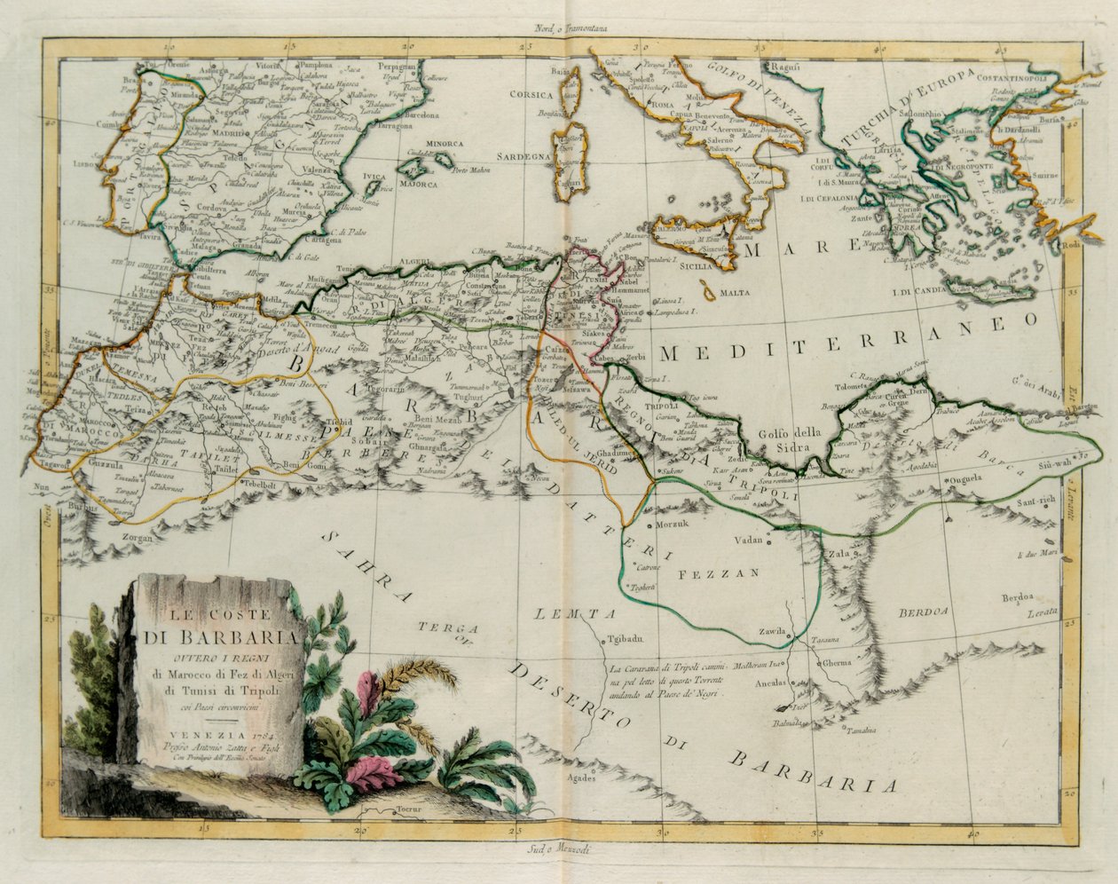 Barbarykysten eller kongerigerne Marokko, Fez, Algeriet, Tunesien og Tripoli med omgivende lande, indgravering af G. Zuliani hentet fra Tome IV af "Newest Atlas" udgivet i Venedig i 1784 af Antonio Zatta, Privat Samling af G. Zuliani