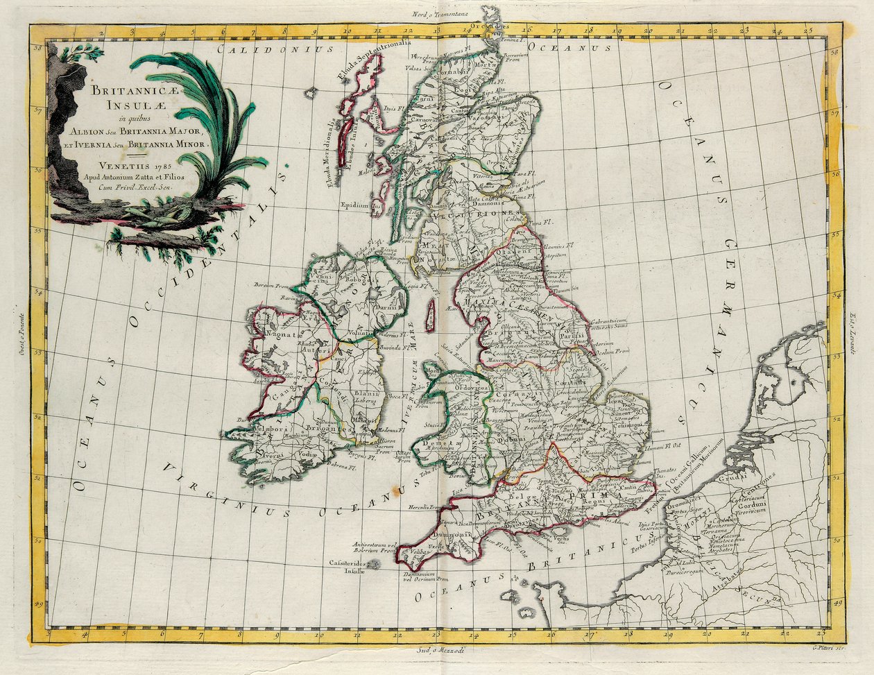 De britiske øer, hvori findes Albion eller Greater Britain og Ivernia eller Lesser Britain, gravering af G. Zuliani taget fra Tome I of the Newest Atlas udgivet i Venedig i 1785 af Antonio Zatta af G. Zuliani
