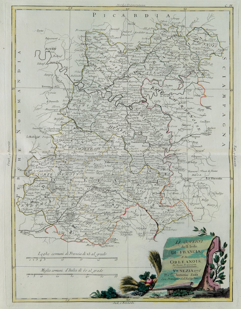 The Governances of the Ile de France og Orleans, gravering af G. Zuliani hentet fra Tome I of the Newest Atlas udgivet i Venedig i 1776 af Antonio Zatta, Privat Samling af G. Zuliani