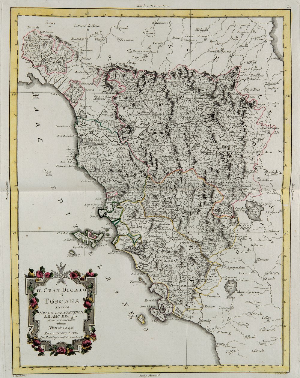 Storhertugdømmet Toscana opdelt i sine provinser, gravering af G. Zuliani taget fra Tome II af "Nyeste Atlas", udgivet i Venedig i 1783 af Antonio Zatta, Privat Samling af G. Zuliani