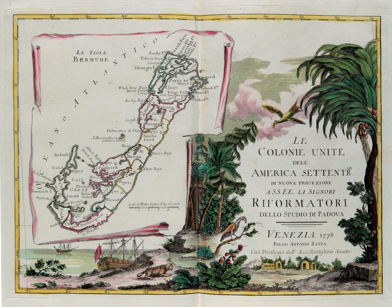 Bermuda-øerne og forsiden af sektionen dedikeret til Nordamerikas Forenede Kolonier, gravering af G. Zuliani hentet fra Tome I af "Newest Atlas" udgivet i Venedig i 1778 af Antonio Zatta, Privat Samling af G. Zuliani
