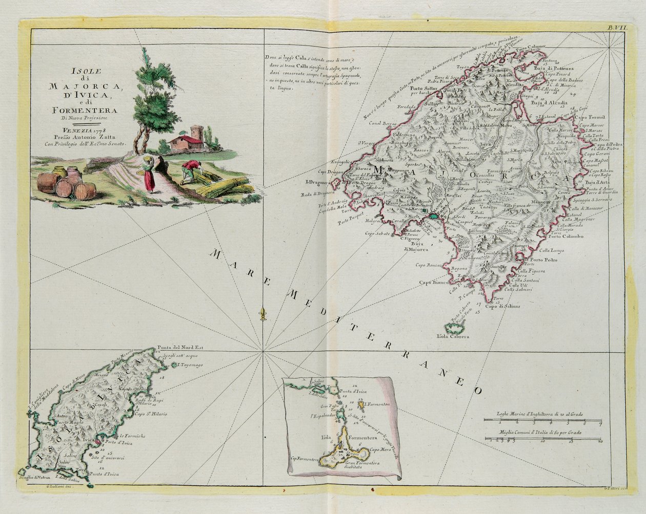 Øerne Mallorca, Ivica og Formentera, gravering af G. Zuliani hentet fra Tome I af "Newest Atlas" udgivet i Venedig i 1778 af Antonio Zatta, Privat Samling af G. Zuliani